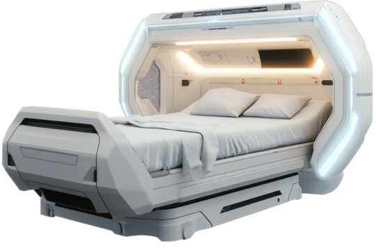 Futuristic Sleep Sanctuary: A sleek, modern, and technologically advanced bed, designed for ultimate comfort and relaxation. The bed's futuristic design, with its curved edges and soft lighting.