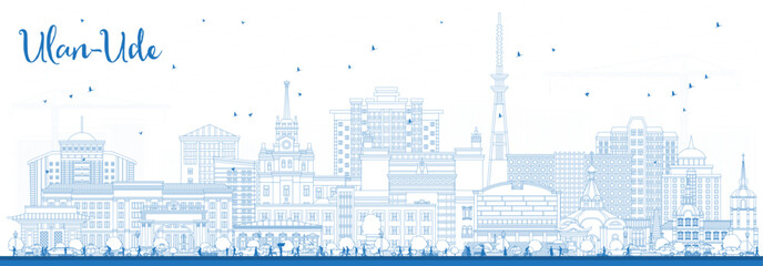 Outline Ulan-Ude Russia city skyline with blue buildings. Ulan-Ude cityscape with landmarks. Business travel and tourism concept with modern and historic architecture.