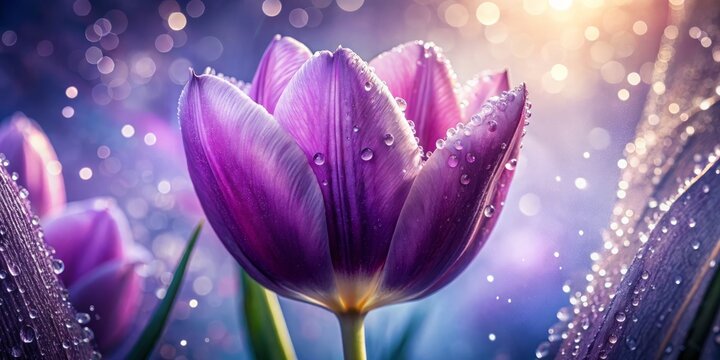 Backlit Dew Drops on Purple Tulip - Stunning Double Exposure Photography