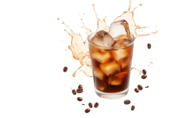 Iced coffee with splashes and coffee beans on a white background in a vibrant and refreshing display