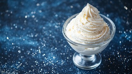 A swirl of cottage cheese ice cream in a glass cup, isolated on a dark blue background with edible glitter for a magical touch