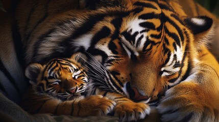 Majestic Tigers Cuddling in Peaceful Embrace
