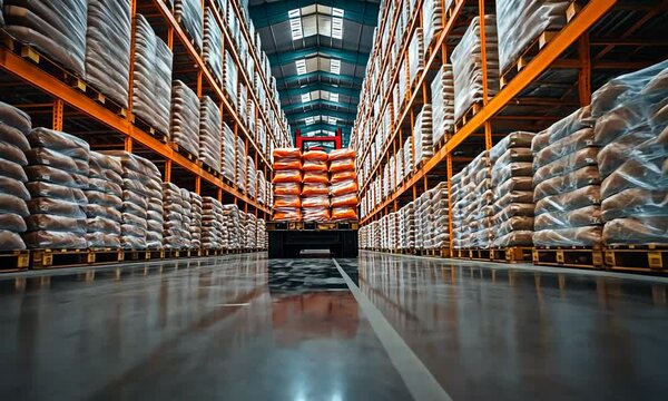 Warehouse filled with stacked bags on shelves and a pallet truck.