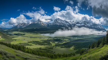 Fototapeta premium Rocky Mountains, majestic view with snow-capped peaks, green valley with winding river below, Ai generated images