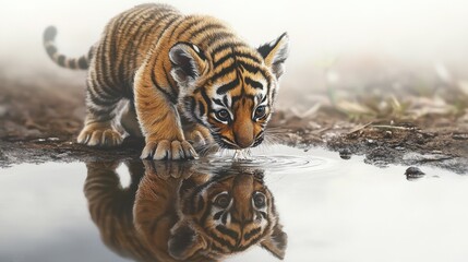 Obraz premium Adorable Tiger Cub Drinking Water by a Pond