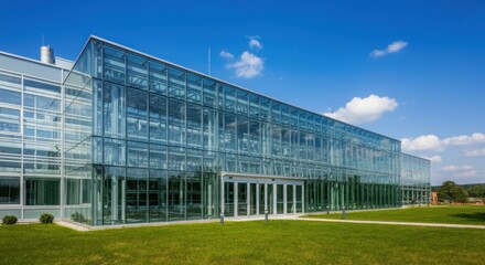 Obraz premium Modern glass building with green lawn under clear blue sky