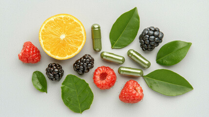Naklejka premium Power up your immunity and wellness with natural collagen supplements, berries, and citrus. Rich in antioxidants and vitamin C, these plant-based capsules support vitality and holistic health