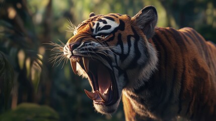 Fierce Tiger Roaring in Lush Green Jungle Environment