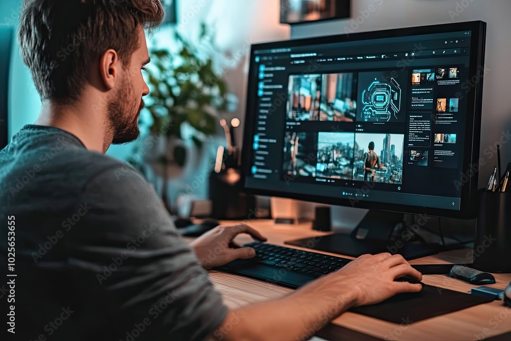 Poster a man working on a computer with multiple images displayed on the screen