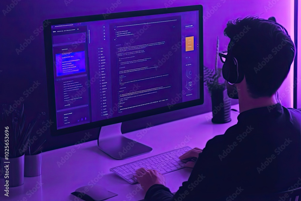Poster a programmer working on code in a purple lit room