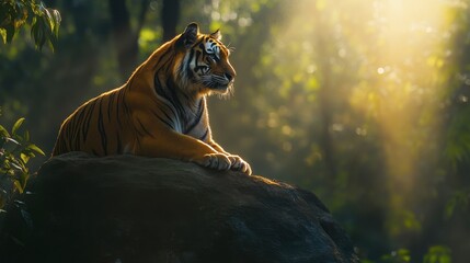 Majestic Tiger Resting in Sunlit Forest
