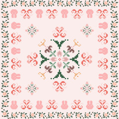 Pixel art cross stitch abstract geometric oriental sweet garden seamless pattern. Perfect geometry decorative design for fabric, clothing, embroidery, ornament, wallpaper, background, ceramic, mosaic