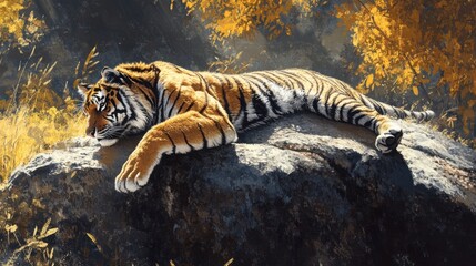Majestic Tiger Resting on a Rock in Nature