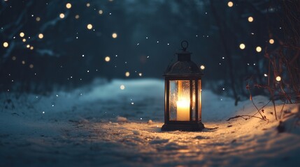Vintage lantern casting warm golden light in still night, on a snowy path under a starry sky, conveying solitude and calm in a peaceful winter setting.