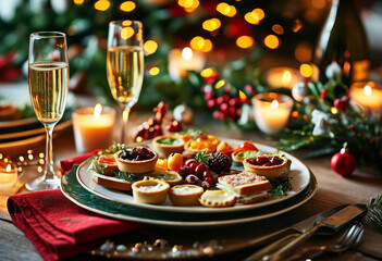 Fototapeta premium Christmas Toast with Champagne and Holiday Appetizers. Festive Celebration with Champagne and Christmas Snacks. Elegant Holiday Table with Champagne and Festive Snacks