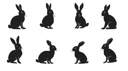 Eight Black Silhouettes of Sitting Rabbits