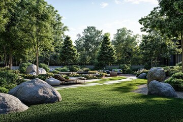 Serene Backyard Oasis with Lush Greenery and Stone Accents