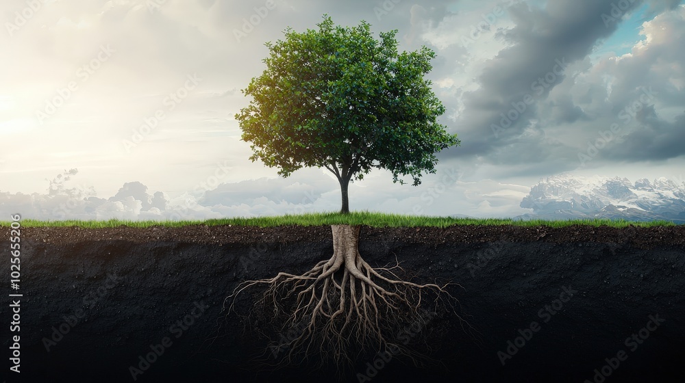 Poster a tree with deep roots and branches that extend beyond the frame.