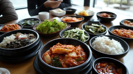 Korean Cuisine with Variety of Dishes and Sides