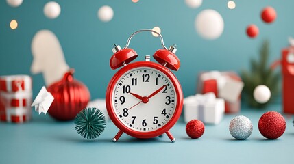 A festive red alarm clock surrounded by colorful ornaments and gifts, creating a cheerful holiday atmosphere.
