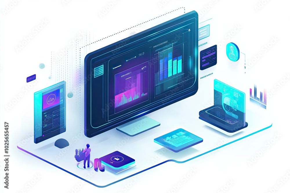 Aufkleber isometric illustration of a person analyzing data on a computer screen