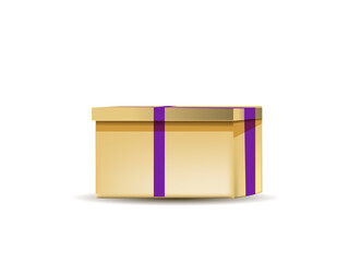 Vector Realistic Golden Gift Box with Purple Ribbon and Bow. Digital Illustration for Holiday Design.