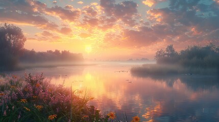 Misty Morning by a Serene Lake with Sunlit Meadows and Blooming Wildflowers in Spring
