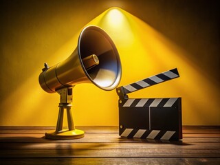 Clapper Board and Megaphone in Night Photography on Yellow Background for Film and Media Enthusiasts