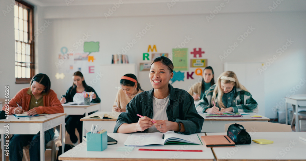 Aufkleber notebook, lesson and learning with girl in classroom for education, entrance exam and scholarship. t