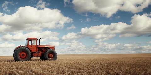 Obraz premium Old red tractor on the corn field on blue sky background. Agricultural equipment and autumn harvest concept. Landscape view for banner, poster, card with copy space