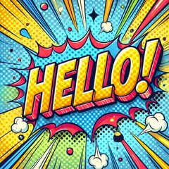 Fototapeta premium A bold and energetic comic-style illustration featuring the word 'Hello!' in large, colorful text, bursting out with dynamic lines and patterns