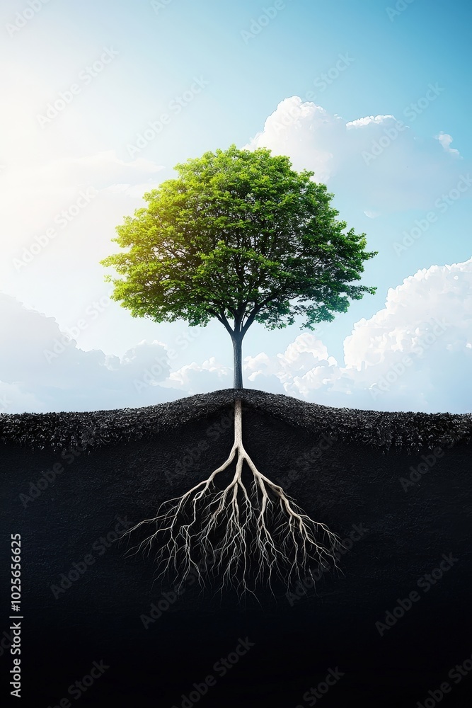Poster a tree with deep roots and branches that extend beyond the frame, symbolizing a growth mindset.