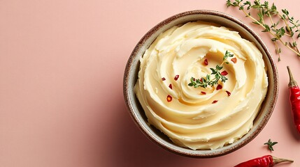 A swirl of cowboy butter in a small bowl, isolated on a soft pink background with a chili pepper and thyme sprig for garnish