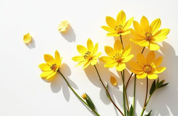 Fototapeta premium Floral autumn still life with yellow flowers on white background, Autumnal flowery pattern, beautiful shadow from sunlight. Scenery beauty Nature design, minimal style aesthetic flat lay view