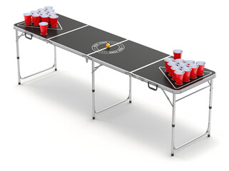 Beer pong table with cups on white background - 3D illustration
