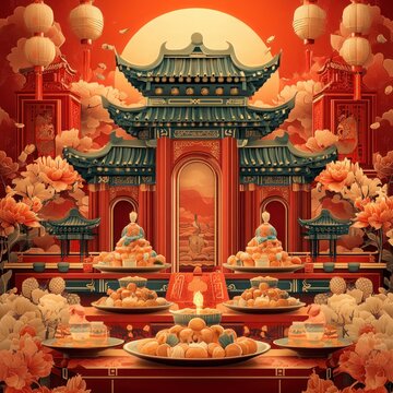 Chinese Ghost Festival Offerings: Vector Illustration of Traditional Opening of Hell Gate Day for Hungry Ghost Festival