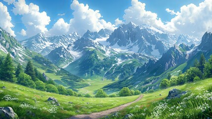 Scenic Mountain Landscape Featuring Colorful Flowers and Lush Greenery