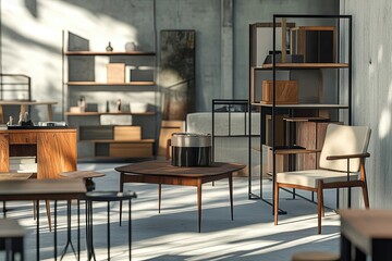 Modern Living Room Interior with Wooden and Black Metal Furniture