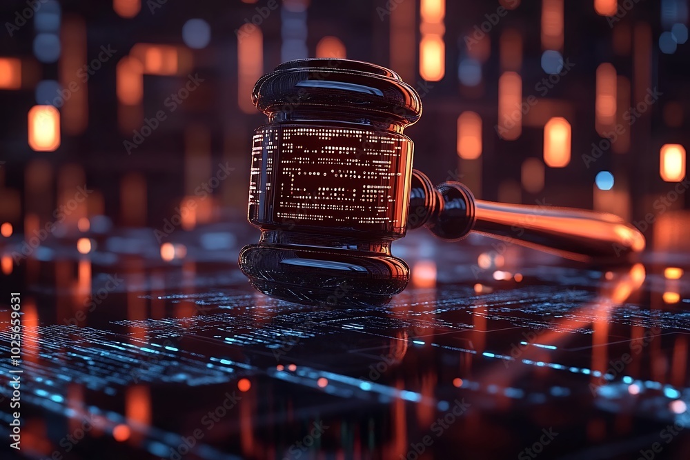 Poster a gavel with code displayed on its surface sits on a digital background.