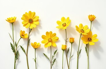 Fototapeta premium Floral autumn still life with yellow flowers on white background, Autumnal flowery pattern, beautiful shadow from sunlight. Scenery beauty Nature design, minimal style aesthetic flat lay view