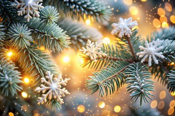 Close-up of christmas tree branch with snowflakes and golden lights holidays christmas