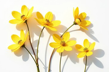 Fototapeta premium Floral autumn still life with yellow flowers on white background, Autumnal flowery pattern, beautiful shadow from sunlight. Scenery beauty Nature design, minimal style aesthetic flat lay view