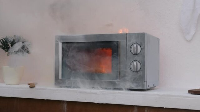 Microwave oven smokes and explodes in burning fire, blast wave causing door to open.