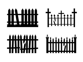 Isolated Halloween Broken Fence With Skulls and Pumkins Flat Vector Illustration Set