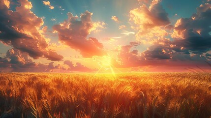 Serene Field of Tall Grass Beneath a Bright Orange Sun