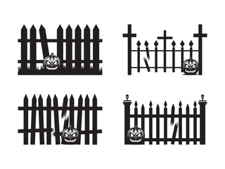 Isolated Halloween Broken Fence With Skulls and Pumkins Flat Vector Illustration Set