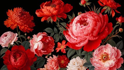  floral illustration featuring a variety of large, blooming flowers against a dark background.