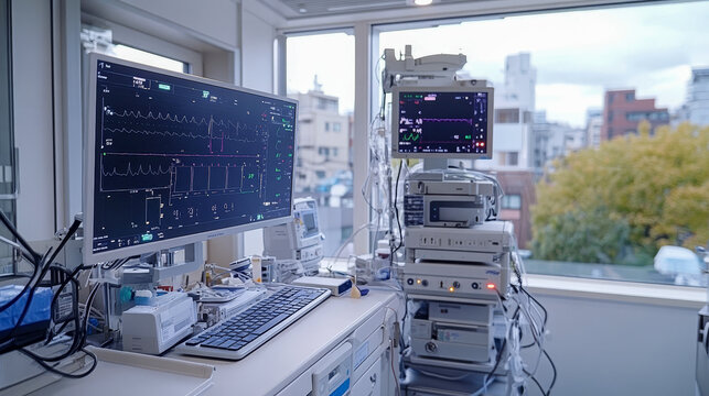 Various monitors and computers displaying patient data in a bright hospital room - Powered by Adobe