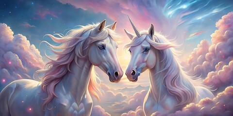 Naklejka premium Enchanting Unicorn Couple in Pink Pastel Clouds - Dreamy Fantasy Portrait Photography