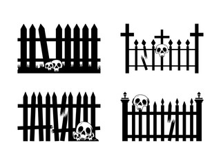 Isolated Halloween Broken Fence With Skulls and Pumkins Flat Vector Illustration Set